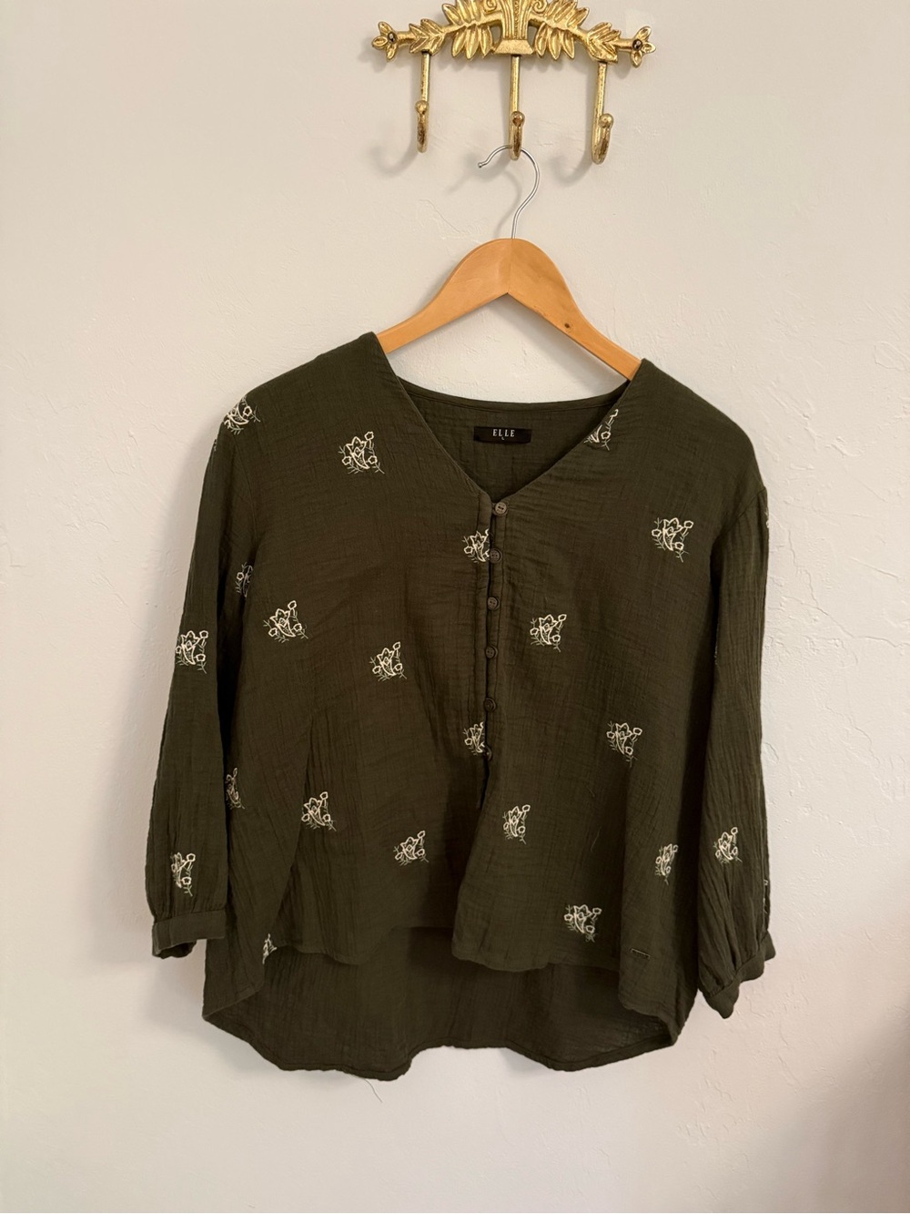 Elle Olive Green Embroidered Button-Front Blouse